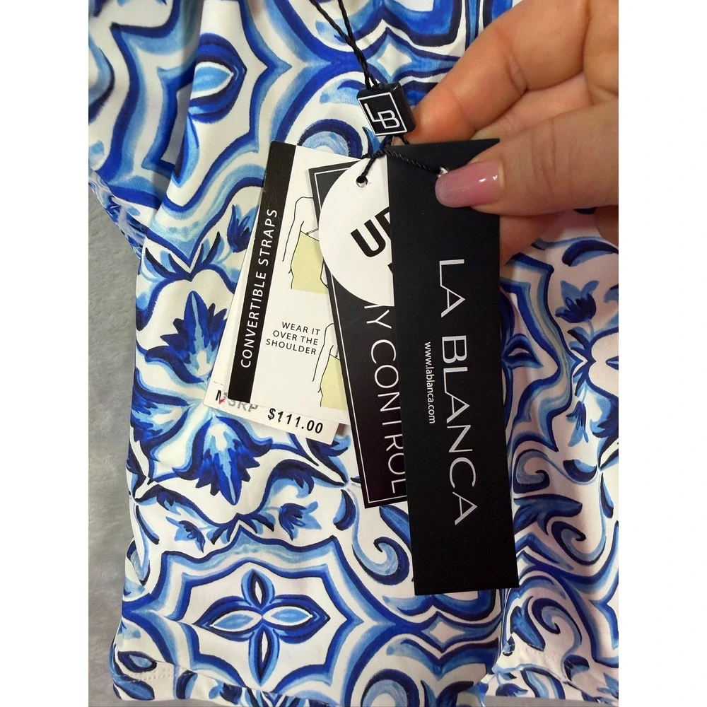 La Blanca Tankini Top Womens Blue White Tile Print Tummy Control 10 $111